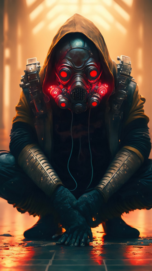Sci-Fi character with gas mask and glowing red eyes