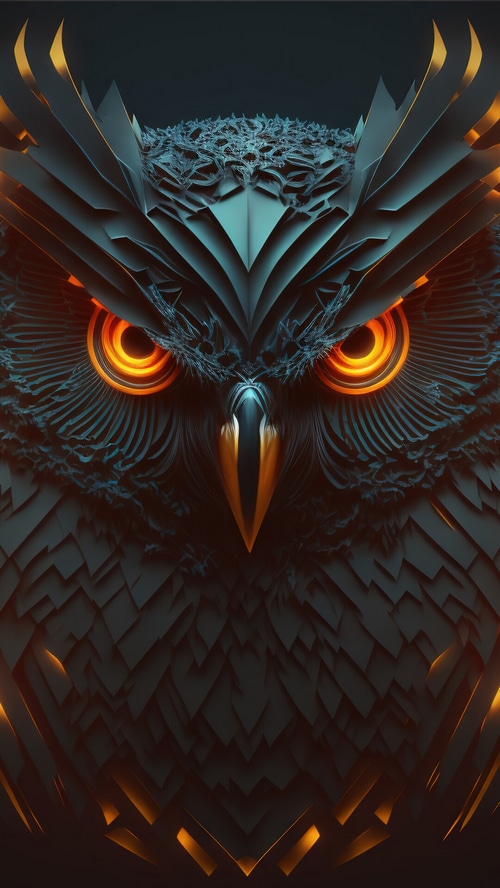 Close-up of a stylized owl with glowing orange eyes