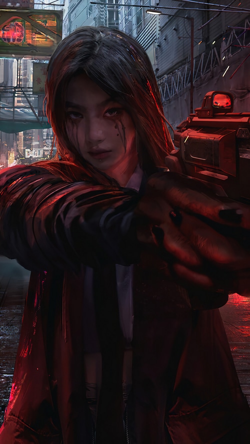 Cyberpunk girl with a gun in a neon city