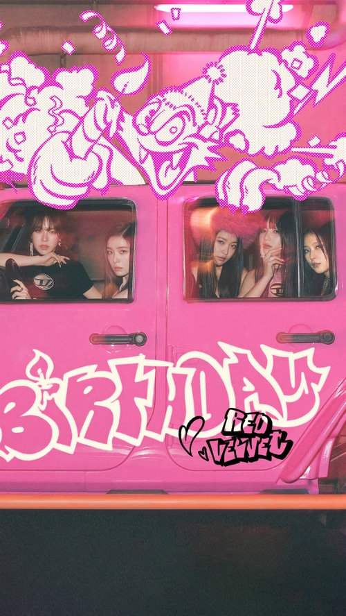 Red Velvet members in a pink car with "Birthday" graffiti