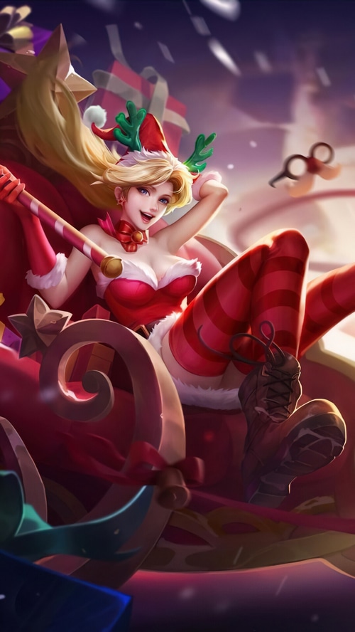 Christmas Girl in a Sleigh with Reindeer Antlers