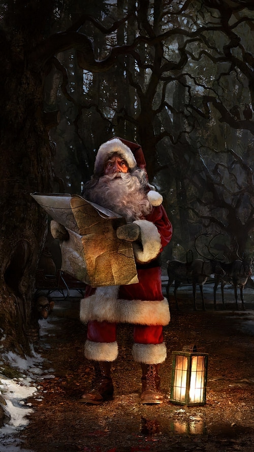 Santa Claus in a dark forest with a map