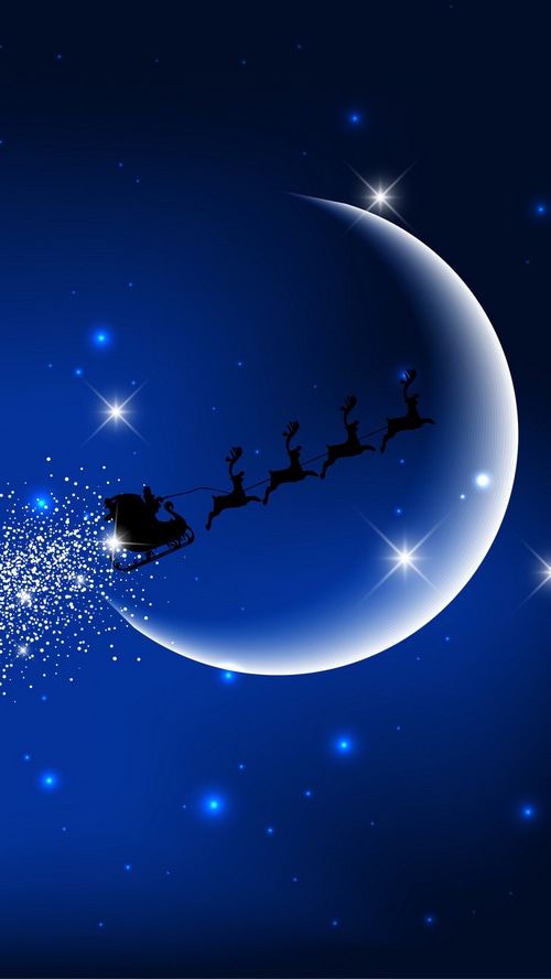 Santa Claus flying in a sleigh with reindeer across the moon