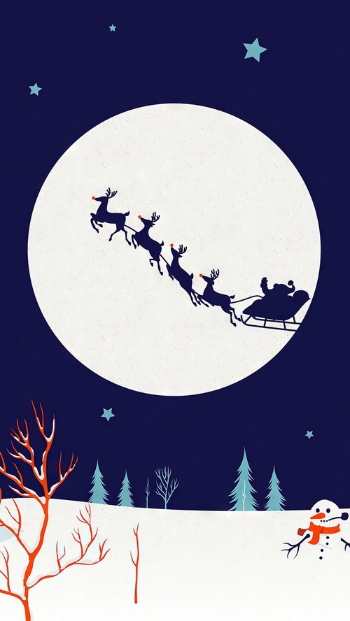 Santa Claus and Reindeer Flying Past the Moon
