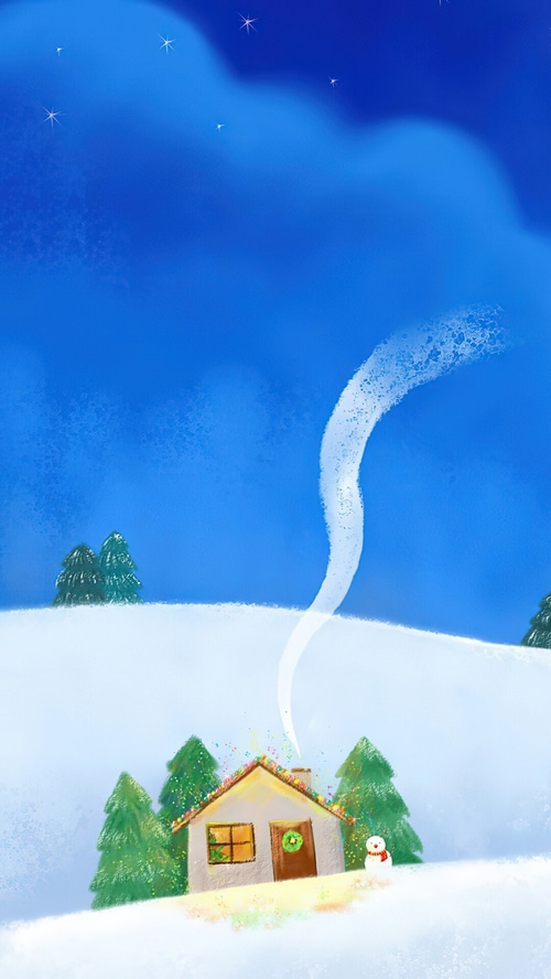 Christmas house with snowman and trees in snow