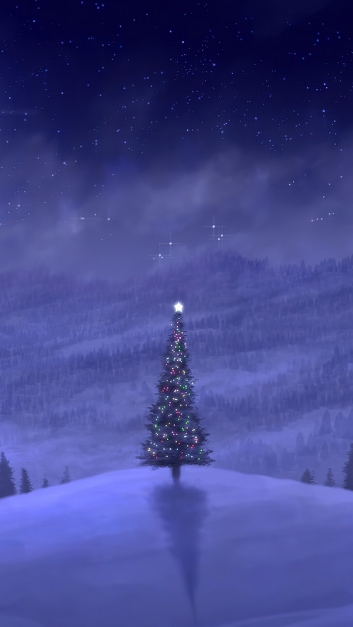 Christmas tree with lights under a starry night sky