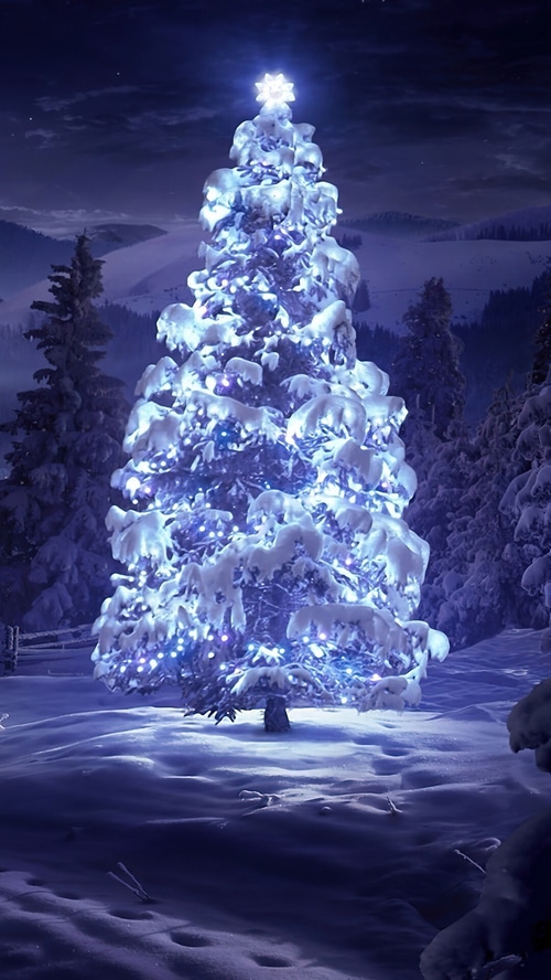 Snow-covered Christmas tree with blue lights in a forest