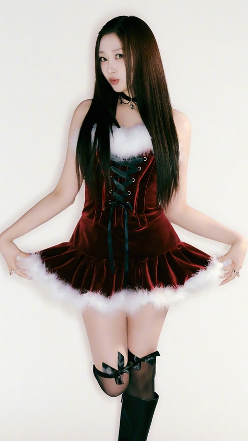Giselle in a red velvet Christmas dress