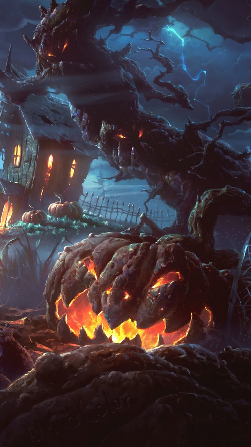 Halloween night with a spooky pumpkin and haunted house