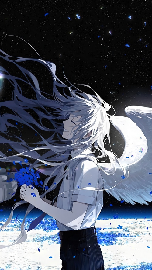 Anime Angel with White Hair in Space