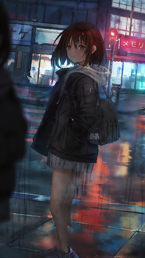 Anime girl in the rain at night
