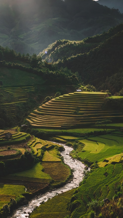 Terraced fields and mountains with a river