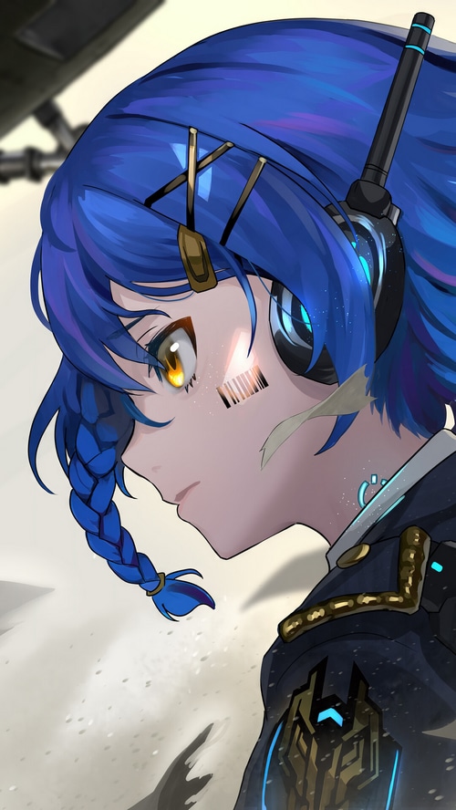 Anime girl with blue hair and cybernetic implants