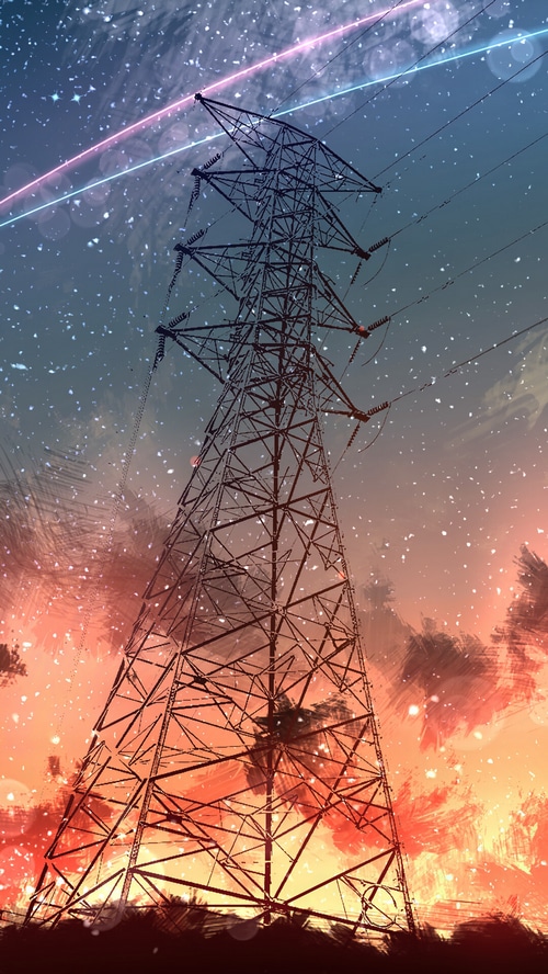 Anime electric power tower at sunset with starry sky