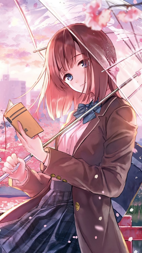 Anime school girl with umbrella reading a book