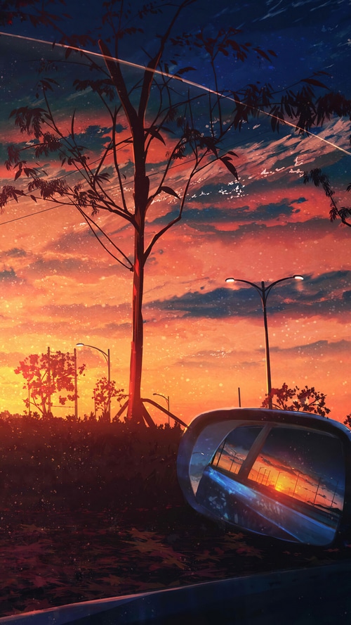 Anime sunset scenery with a car's side mirror reflection
