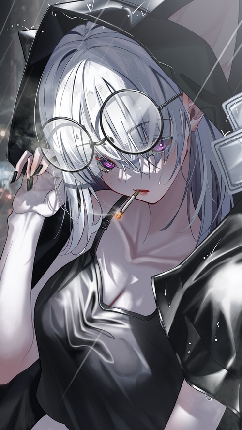Anime girl with white hair wearing glasses and smoking