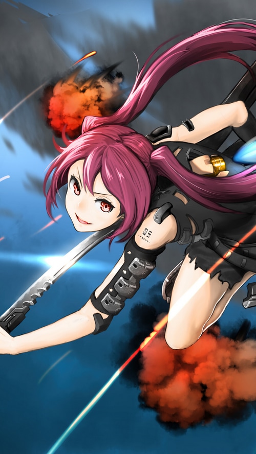 Anime Girl with Katana and Explosions