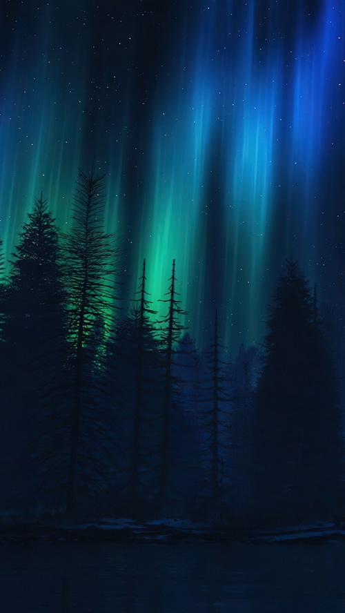 Aurora Borealis over a dark forest at night
