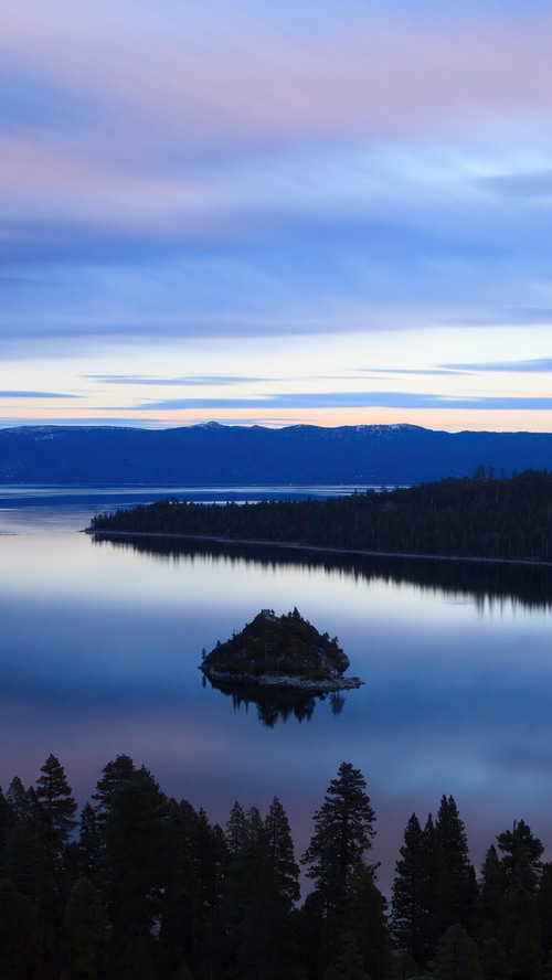 Emerald Bay at Dusk with Island and Mountains