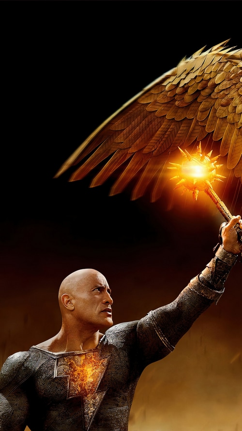 Black Adam holding a mace with Hawkman's wing