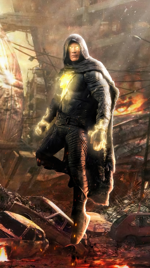 Black Adam in a destroyed city