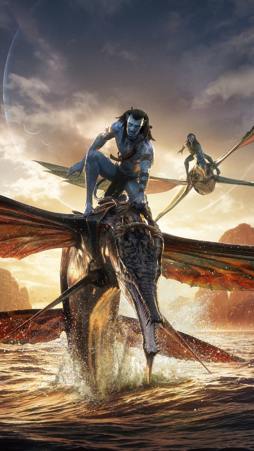 Jake Sully and Neytiri riding creatures in Avatar: The Way of Water