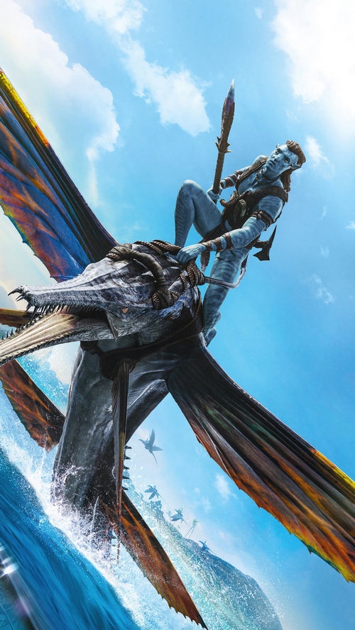 Jake Sully riding a creature in Avatar: The Way of Water