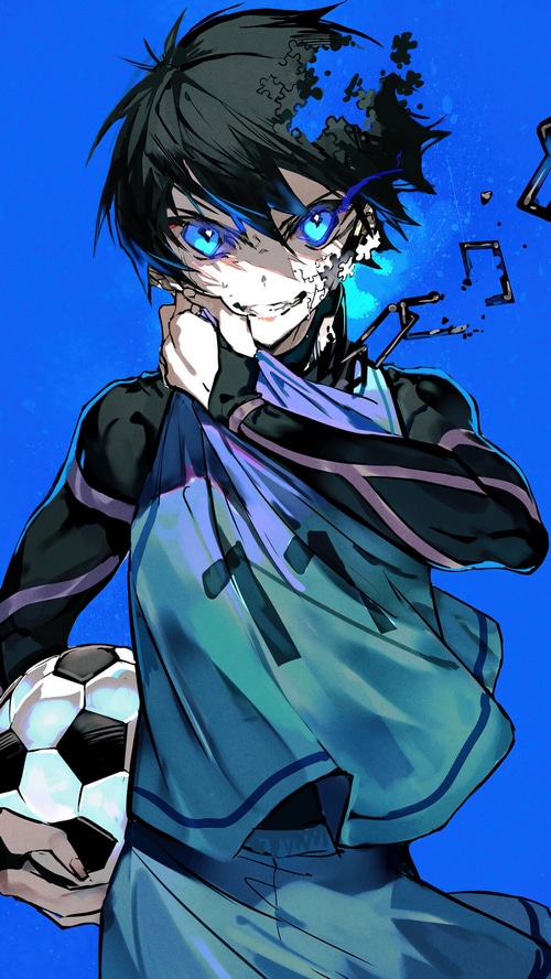 Yoichi Isagi from Blue Lock holding a soccer ball