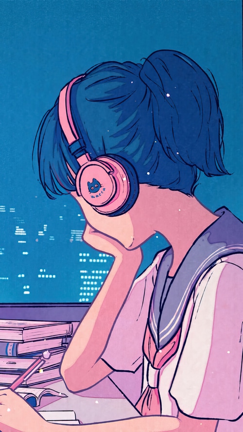 Anime girl with headphones studying at night