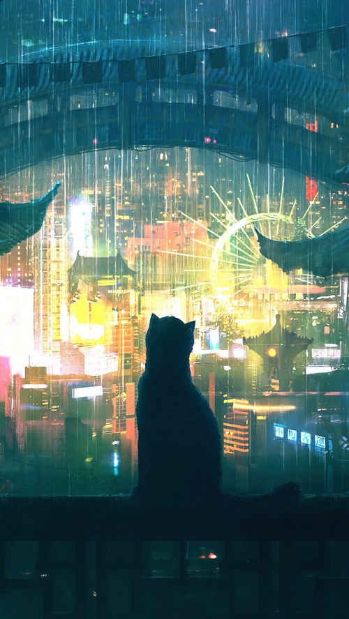 Cat silhouetted against a rainy neon city at night