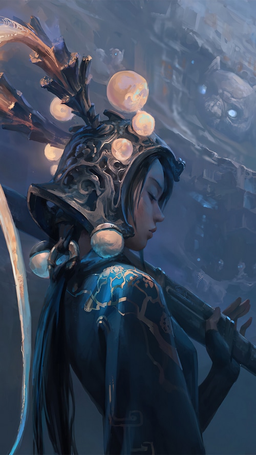 Fantasy warrior girl with ornate helmet and glowing orbs