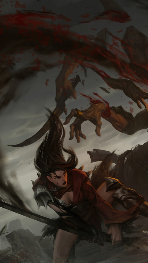 Warrior girl fighting monsters with bloody hands