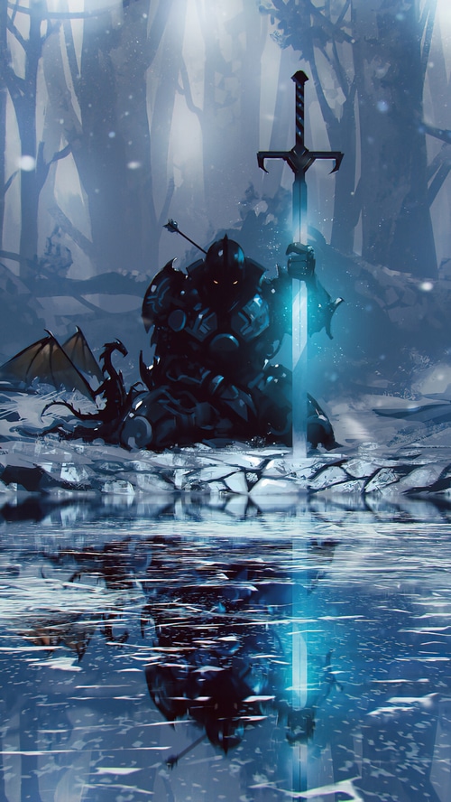 Knight with glowing sword and dragon in snowy forest