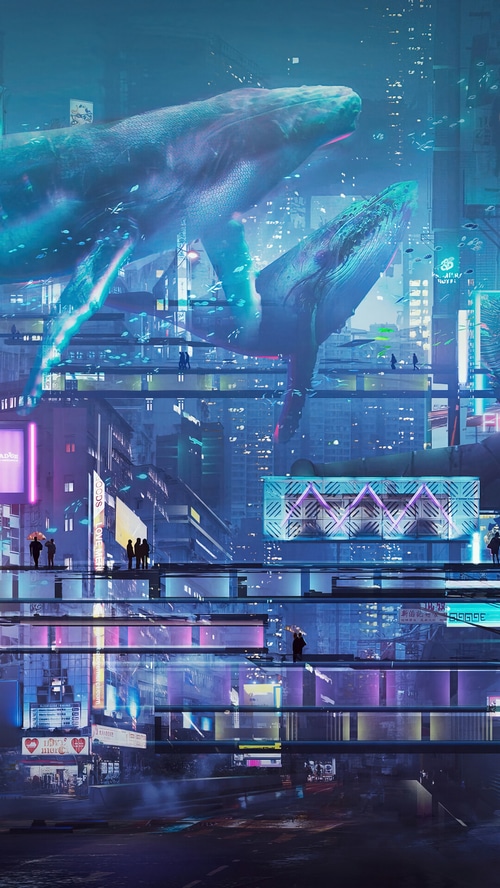 Cyberpunk Cityscape with Flying Whales