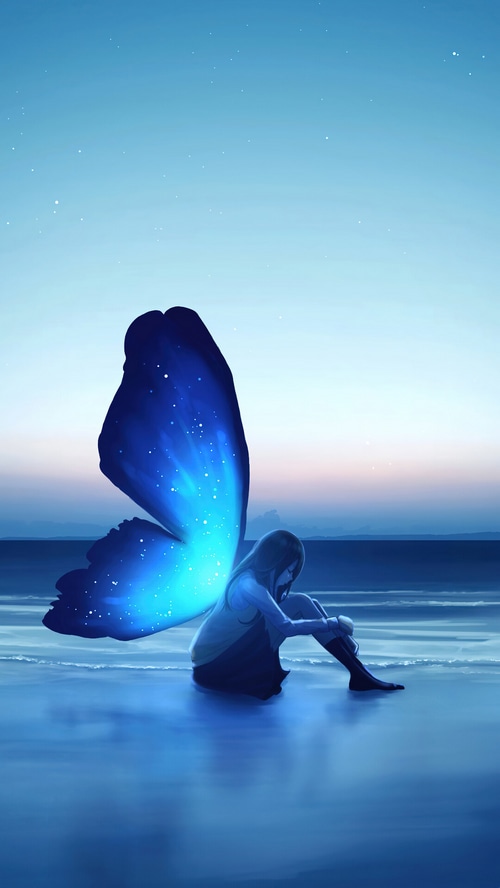Anime girl with butterfly wings on a beach