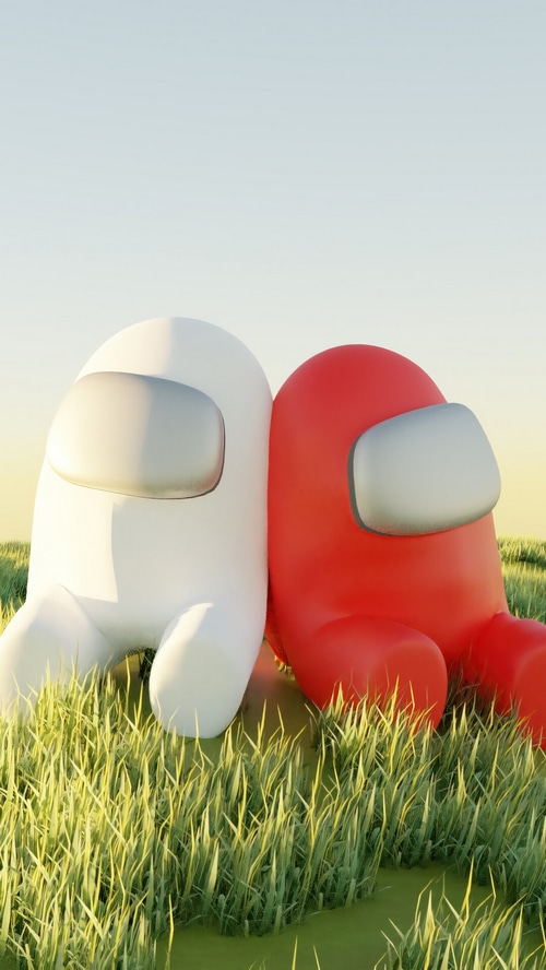 Two Among Us characters in a grassy field