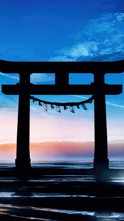 Anime Torii gate at sunset over the ocean