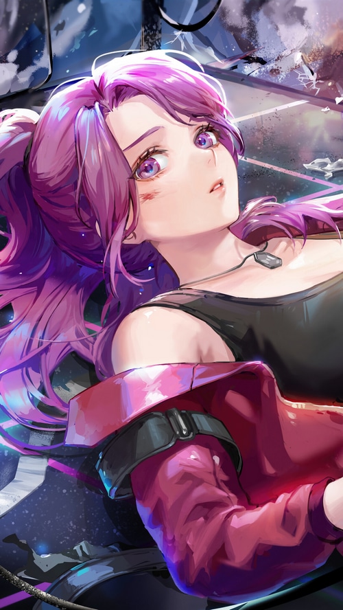 Anime girl with purple hair in a cyberpunk setting