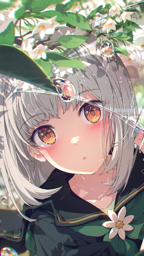 Cute Anime Girl with White Hair and Orange Eyes