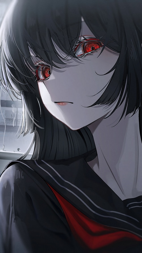 Anime girl with red eyes in school uniform