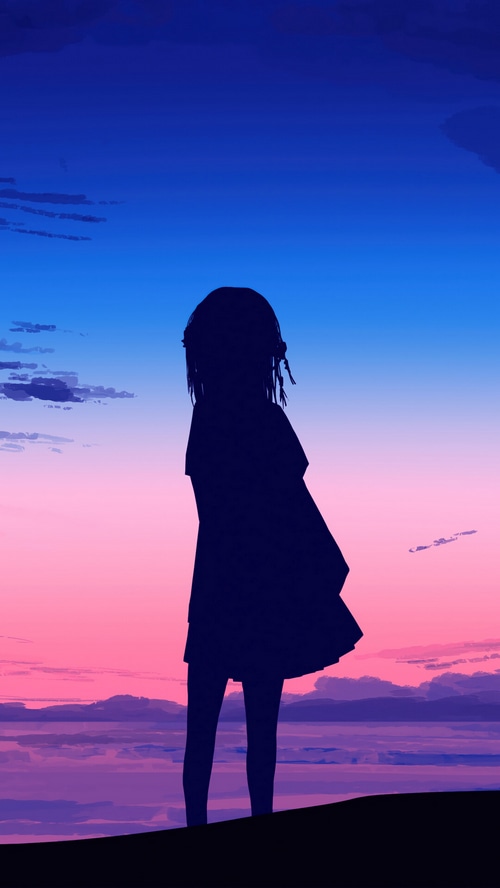 Anime girl silhouette against a colorful sunset sky