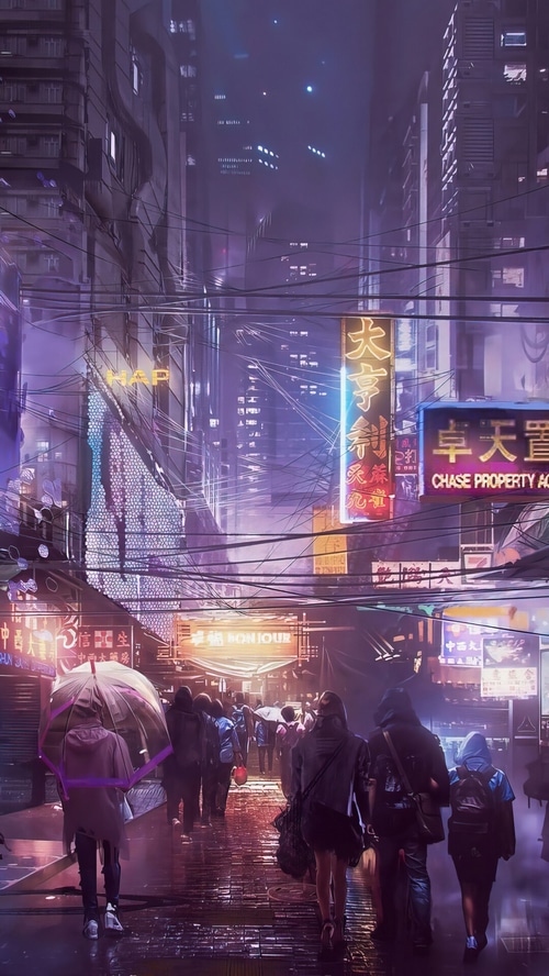 Cyberpunk City Street at Night with Neon Signs