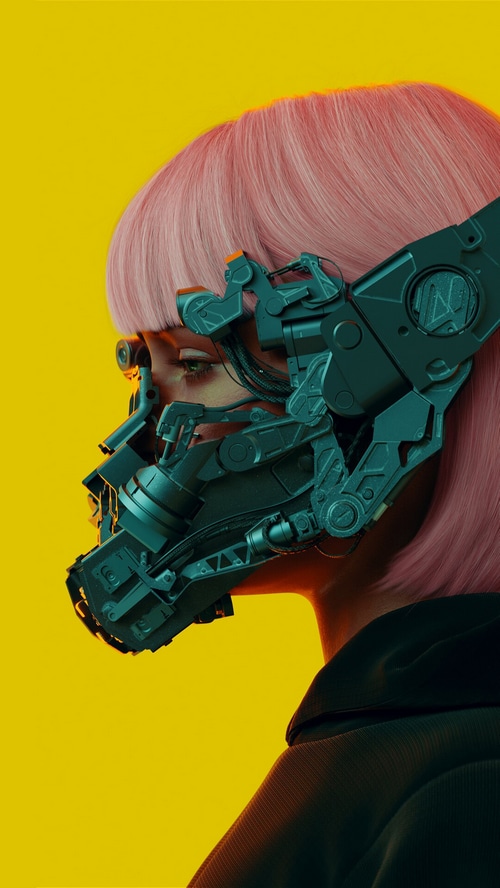 Girl with pink hair and a cybernetic mask