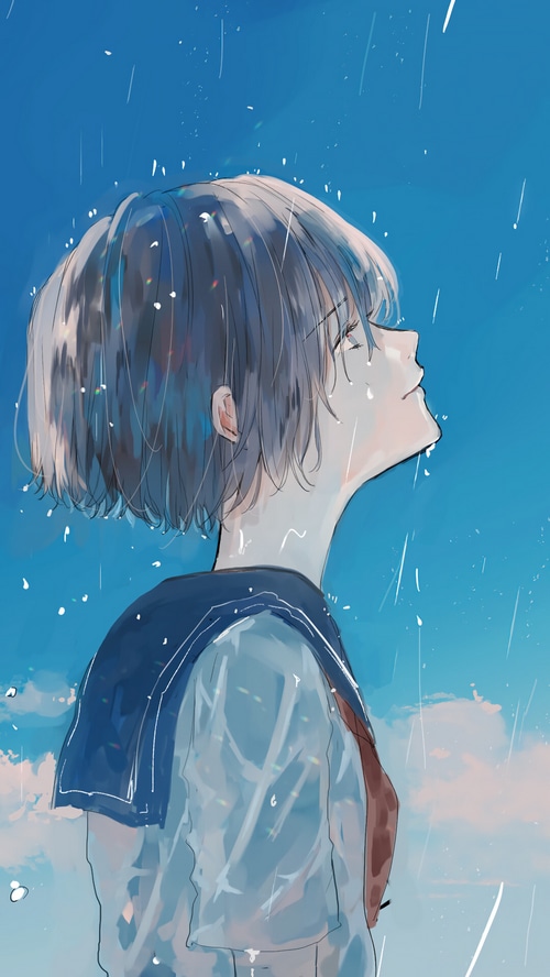 Anime girl in school uniform standing in the rain