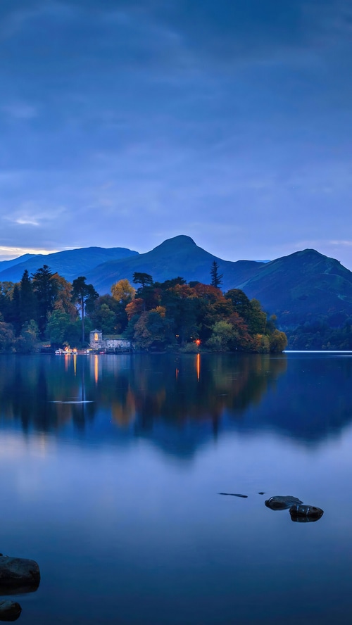 Lake and Mountains in Cumbria, England at Dusk