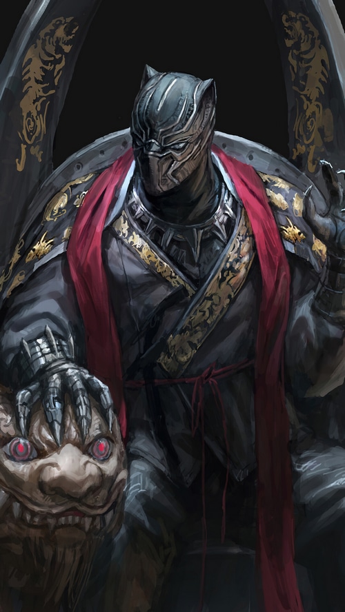 Black Panther in ornate armor with a demon-like creature