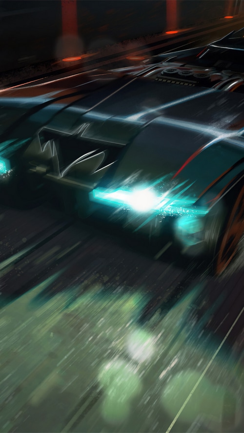 The Batmobile in motion with glowing headlights