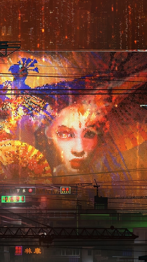 Cyberpunk city with a mosaic face mural