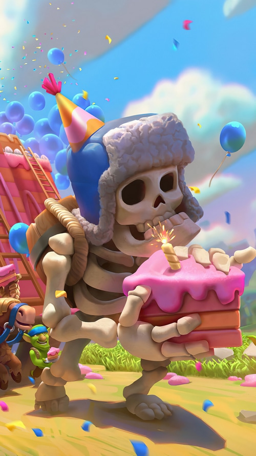 Giant Skeleton holding a birthday cake with a candle